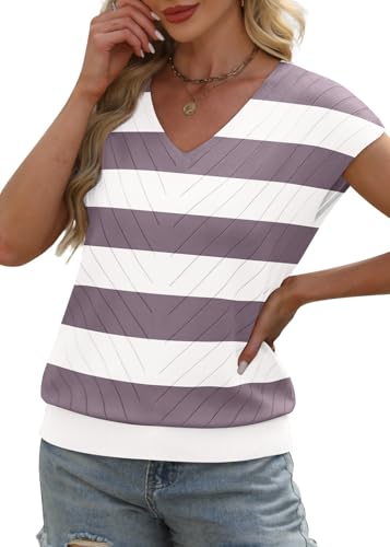 Image of WIHOLL Short Sleeve Sweater for Women V Neck Trendy Summer Tops 2026 Beach Vacation Clothes Travel Business Casual Outfits