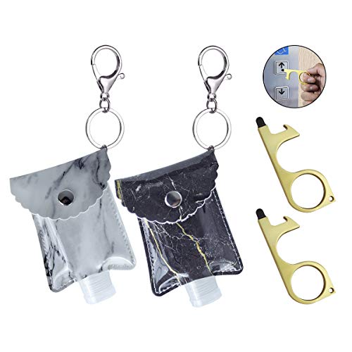 Portable Hand Sanitizer Holder Keychain and No Touch Door Opener Tool, 30ml Flip Cap Refillable Empty Squeeze Travel Bottle Containers, Soap, Lotion, Liquid(Marble)