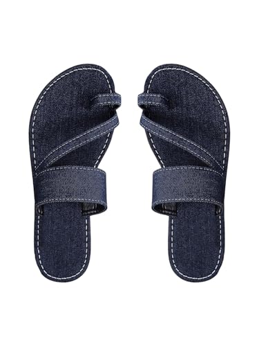 Image of GORGLITTER Women's Denim Jean Sandals Cute Dressy Toe Ring Strappy Slip on Slide Flats Sandal
