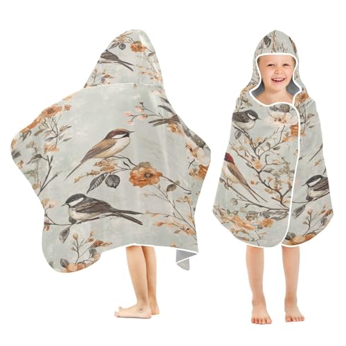 Kigai Bird Flowers Hooded Beach Towel for Kids Soft Absorbent Quick Dry Bath Towel with Hood Lightweight Toddler Shower Pool Bath Wrap for Boys Girls