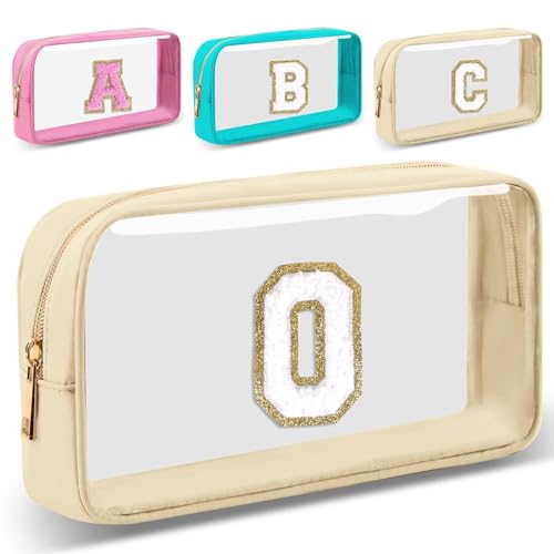 Small Clear Personalized Initial Letter Makeup Bag, A-Z Chenille Patch Preppy Nylon Cosmetic Bag with Zipper, TSA Approved Transparent Waterproof Travel Toiletry Bag Travel Essentials for Women