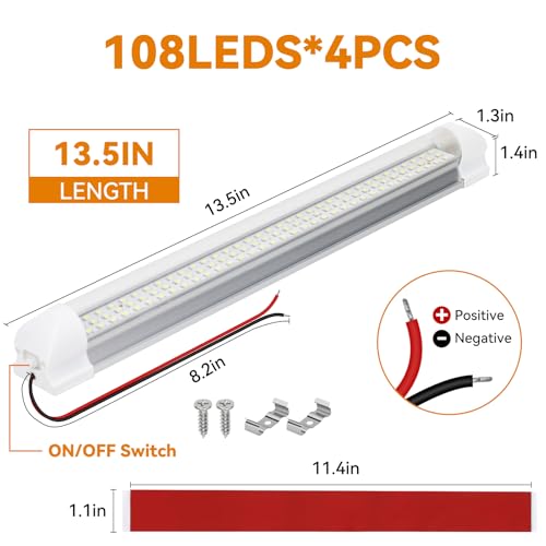 Image of RVZONE 12v LED Interior Light Bar | 108LEDs 1600LM 6W DC 12 Volt led Strip Lights Enclosed Trailer Lights Fixture for Camper Truck Van RV Trailer Cargo Cabient Lights Fixture Motorhome Lorry (4Pack)
