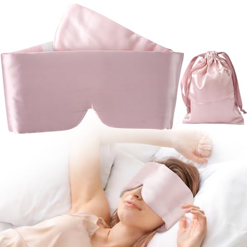 HIDOLL Silk Sleep Eye Mask - Women Men 100% Mulberry Blackout Blindfold Adjustable Sleeping Masks (Pink)