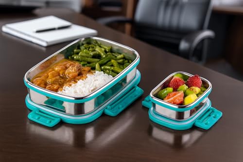 Image of Stainless Steel Lunch Box 1100ml | 4-Side Clip Lock | 100% Leakproof & Airtight Tiffin Box | Steel Lunch Box for Office & Kids | Blue