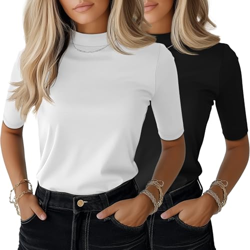 Ficerd 2 Pack Women's Mock Turtleneck T Shirts, Half Sleeve Business Casual Tunic Tops Slim Fit Summer Basic Dressy Tee Shirt