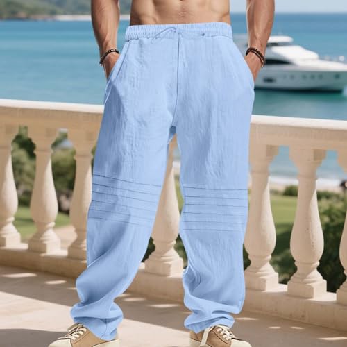 Mens Cotton Linen Pants Drawstring Waist Straight Leg Baggy Beach Pants Lightweight Breathable Vacation Trousers2