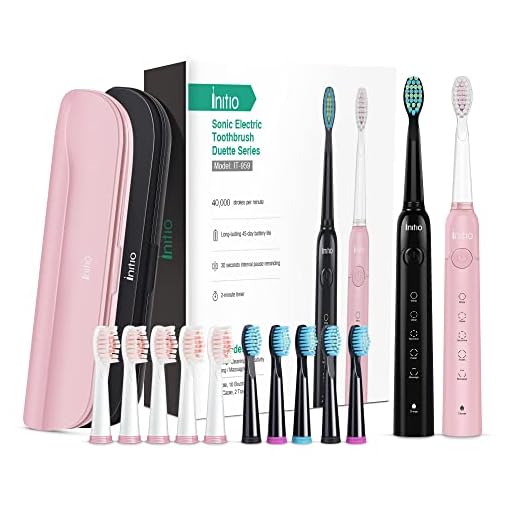 Initio Sonic Electric Toothbrush for Adults Duo Dual Handle 5 Modes with Smart Timer 10 Brush Heads & 2 Travel Cases Included Rechargeable Toothbrush Oral Care Whitening Toothbrush (Black+Pink)