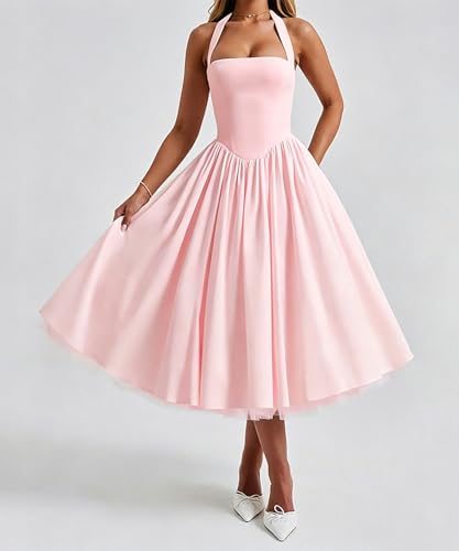 Image of Women Summer Halter Dress Low Cut Sleeveless A Line Tulle Swing Flowy Tea Length Dress Corset Prom Formal Ball Gowns
