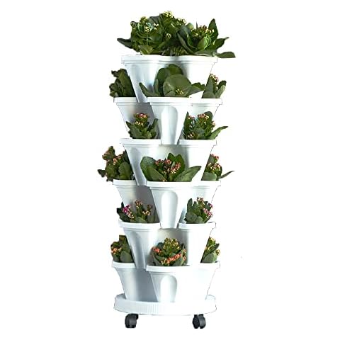 Tectsia Strawberry Vertical Planter Tower Garden, 6 Tiered Planter Stackable Herb Garden Planter with Movable Casters and Bottom Saucer Indoor and Outdoor - White Cover