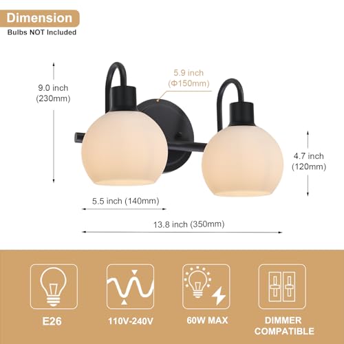 Image of 2-Light Black Bathroom Light Fixture, Milk White Globe Wall Sconce Lamp for Hallway Bedroom Foyer Cabinets, Modern Vanity Lights E26 Socket