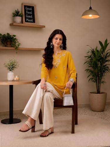 Image of QAZMI Women's Zayesha Aari Embroidered Viscose Rayon A-Line Flared Short Kurti