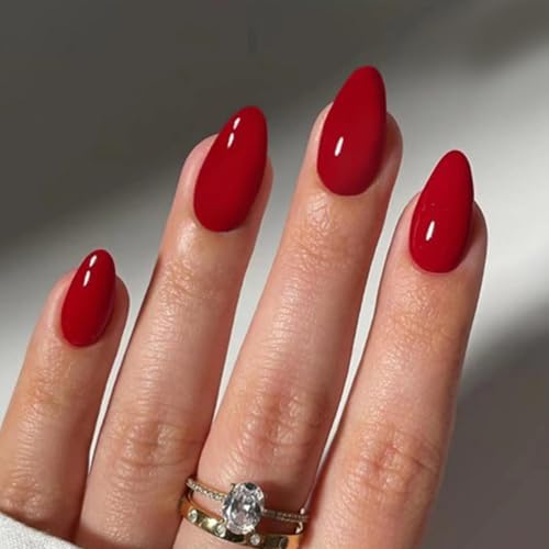 Red Press on Nails Christmas Medium Almond Fake Nails Solid Red Color False Nails Reusable Glossy Artificial Acrylic Nail Press ons Chrsitmas Nail for Women Girls Daily Wear Manicure 24pcs