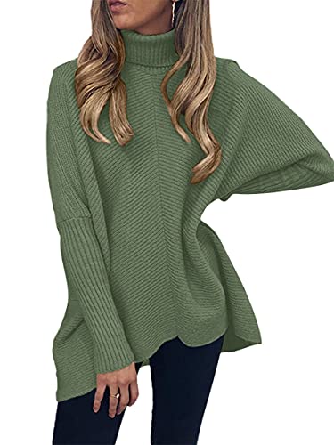 Anrabess Women Turtleneck Loose Fitting Oversized Casual Cozy Tunic Sweater Green Pullover Top A87Huilv-S #TOP2