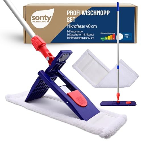 SONTY Profi Wischmopp 40 cm Set – Bodenwischer mit Magnet Klapphalter, 40 cm Microfaser Wischbezug & verstellbarem Alu Moppstange | Wischmop für Gewerbe, Gastro, Haushalt & Hartböden