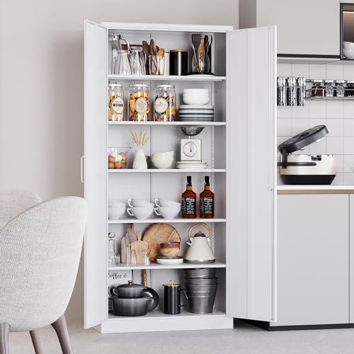 Image of SISESOL White Metal Storage Cabinet with 2 Doors and 6 Shelves,71 inch Tall Metal Cabinet with Lock,Lockable Garage Storage Cabinets,Locking File Cabinet,Steel Tool Cabinets for Home,Office,Garage,Shop