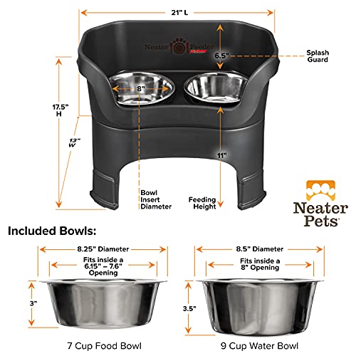 Neater Feeder Deluxe With Leg Extensions For Large Dogs - Mess Proof Pet Feeder With Stainless Steel Food & Water Bowls - Drip Proof, Non-Tip, And Non-Slip - Midnight Black #TOP5