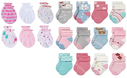 Image of RATIVE Bundle No Scratch Mittens and Newborn Socks 0-6 Months for Baby Girls
