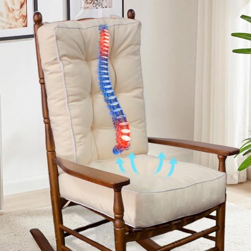 YZ HOME Rocking Chair Cushion Outdoor/Indoor Plus Size with Memory Foam,Set of Thicken Seat & Back Chair Cushions with Ties,Non-Slip Chair Pad for Rocker,Beige,28 * 18 * 5/18x18x5