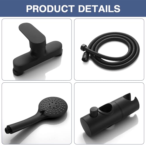 Rehomthy Duscharmatur Schwarz mit Brausegarnitur, Mischbatterie Dusche Wandmontage mit Einhand- Brausebatterie | 635mm Duschstange | Duschbrause mit 1.5m Schlauch, Duschsystem Duschset
