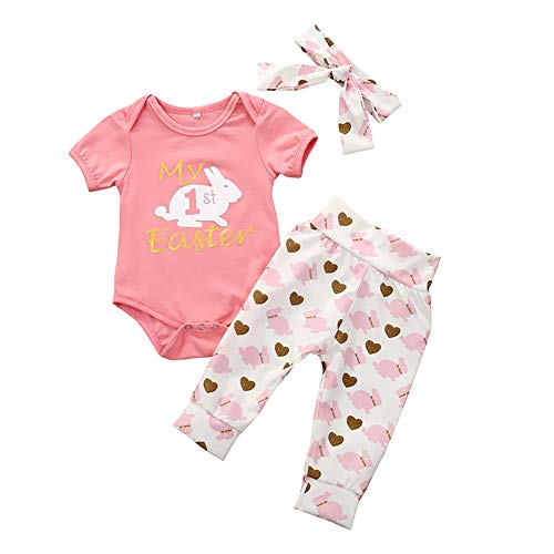 Lamuusaa Newborn Baby Girls Easter Outfits My 1st Easter Romper Bodysuit Heart Bunny Pants Headband 3Pcs Clothes Set (Pink, 9-12M)