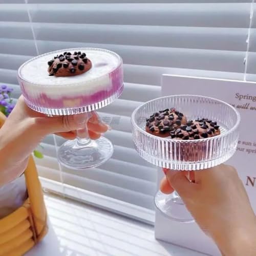 Image of PrimeWorld Stemmed Fluted Glass Dessert Bowls Set of 6 (200ml) | Vintage Ribbed Coupe Glasses for Ice Cream, Panna Cotta, Mousse & Cocktails | Elegant Serving Cups