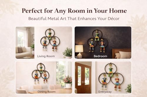 Image of Home And Crafts Metal Rajasthani Hand painted Doll Musician Wall Decor Frame | Handcrafted Iron Tribal Folk Art Wall Hanging Showpiece for Living Room, Office, Hall & Entryway