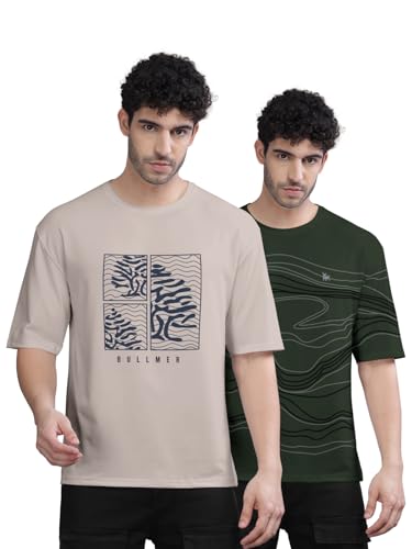 Image of BULLMER Trendy Front and Back Printed Oversized Round Neck T-Shirt for Men - Pack of 2
