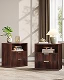 WLIVE Fluted Night Stand Set 2, Wood Nightstands Sets of 2 with Storage Drawers and Open Shelf, Mid Century Modern Bed Side Tables for Bedroom, Dorm, Espresso