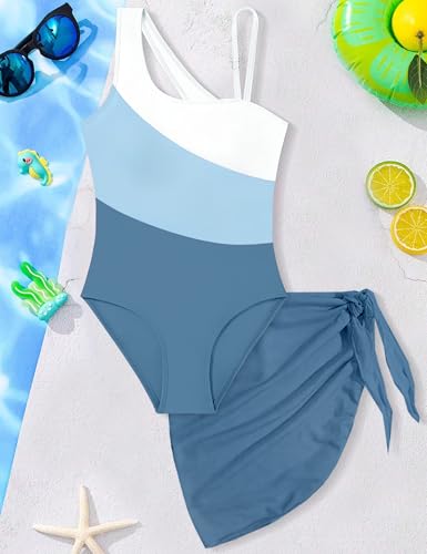 Girls Swimsuit 9 10 Years Girls Bathing Suit Color Block Cutout One Shoulder Girl's One Piece Swimsuits with Cover Up Skirt Swimsuit for Girl4