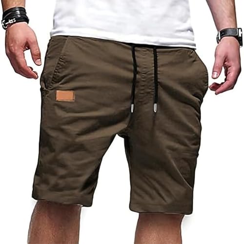 Image of Mens Casual Shorts Cotton Drawstring Summer Beach Stretch Hiking Golf Short Solid Color Joggers Shorts Pockets