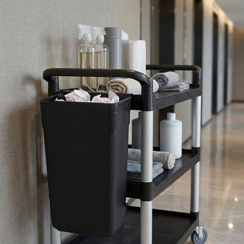 Image of Restaurantware RW Clean 13 Inch x 9.2 Inch Waste Basket 1 Slim Trash Bin - Attachable For Office Black Plastic Trash Can Fits Rolling Utility Cart Heavy Duty