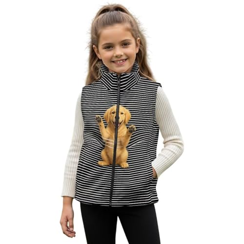 FUSURIRE Black Stripes Puppy Print Fashion Vest for Girls Boy,Full Zipper Sleeveless Design Fall Winter with Pocket Waistcoat Outerwear