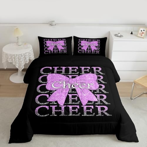 Image of Feelyou Cheer Bow Kids Comforter Set Full Size Cheerleading Bedding Set Funny Sport Duvet Quilt for Kids Boys Girls Bedroom Purple Decor Microfiber Ultra Soft Breathable