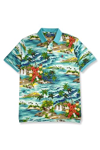 Polo Ralph Lauren Men's Classic Fit Mesh Cotton Tropical Island Printed Polo Shirt, Blue Multi2