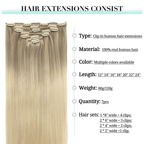 Image of DOORES Human Hair Clip in Extensions, Balayage Ash Blonde to Golden Blonde and Platinum Blonde 24 Inch 120g 7pcs, Clip in Extensions Human Hair Natural Extensions For Women Clip in Straight Thick Hair