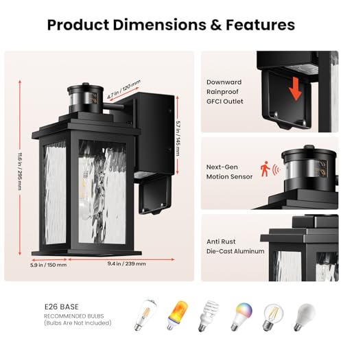 Image of Gleamz Motion Sensor Outdoor Lights with GFCI Outlet, Waterproof Aluminum