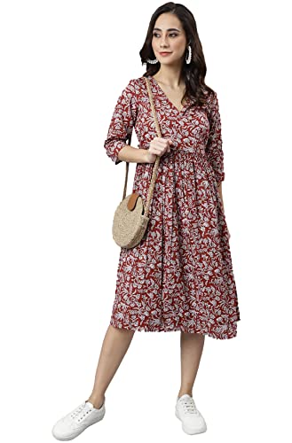Image of Janasya Women's Cotton Floral Print Angrakha Dress