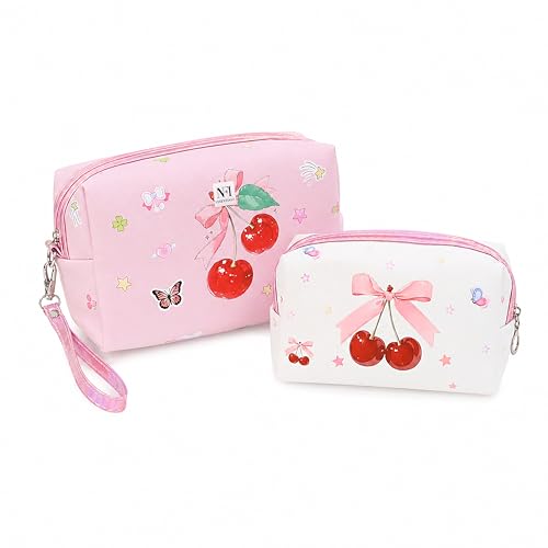 Image of NFI essentials Pack of 2 Cherry Print Makeup Pouch for Women & Girls, Multipurpose Cosmetic Organizer Bag with Wrist Strap & Zipper Closure, Portable Toiletry Travel Pouch for Makeup, Skincare