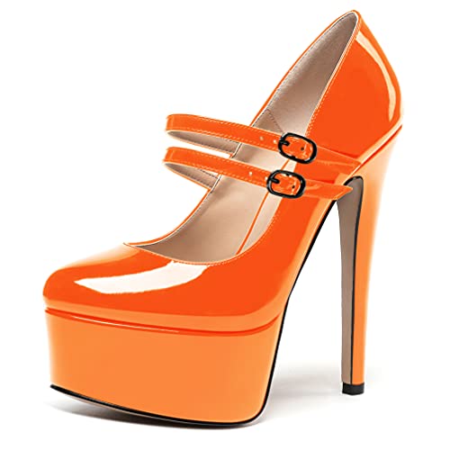 WAYDERNS Women's Patent Mary Jane Platform Round Toe Adjustable Double Strap Stiletto High Heel Pumps Shoes 6 Inch