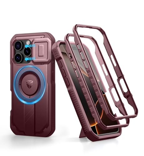Image of Dexnor for iPhone 16 Pro Case with Slide Camera Cover & Adjustable Kickstand & Built-in Screen Protector,Compatible Wireless Charging Shockproof Cases Heavy-Duty Magnetic Protective Cover,Maroon Red