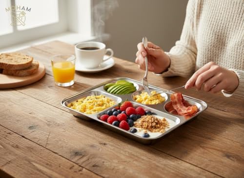 Image of MOHAM Stainless Steel Rectangular Partition Plate 5 in1 /Bhojan Thali /Compartment Plate /Steel Thali /Dinner Plate Pack of 3 of 1 for Breakfast /Lunch /Dinner /Pav Bhaji Plates