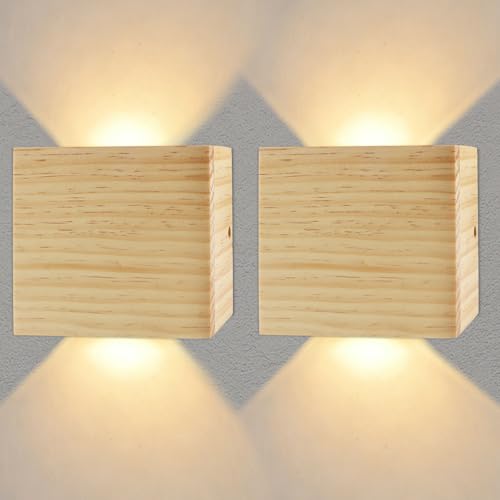 CHEVVY 2 Stück LED Wandleuchte Innen 7W LED Wandleuchte Holz Vintage Up and Down Leuchten Aussen Warmes Weiß 3000K Flurlampen Moderne Wandlampen für Wohnzimmer Flur Schlafzimmer