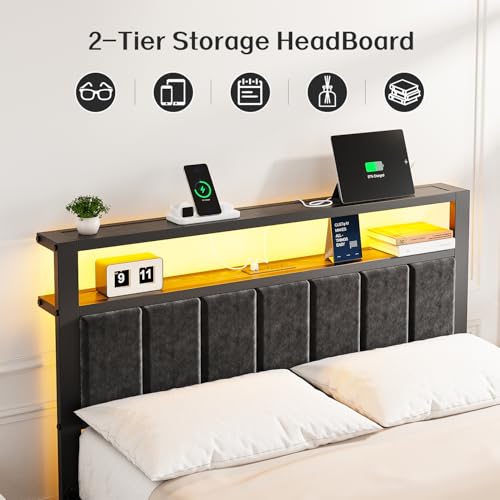 Image of OLEVS Full Size Bed Frame with LED Lights & Charging Station, Modern Platform Bed with Upholstered Storage Headboard, No Box Spring Needed Easy Assembly
