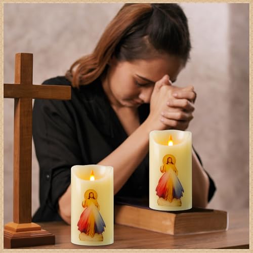 Image of QQFCTOO LED Prayer Flameless Candle with Remote Timer, Battery Powered Candle, Religious Candle, Real Wax, for Home Altar, Church, Devotional,6 inch x 3.2 inch(Jesus