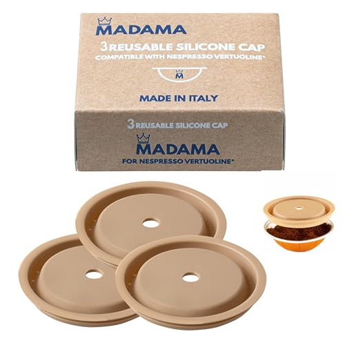 Madama - Tapa reutilizable para cápsulas Nespresso Vertuo y VertuoLine, recargable y compatible. Silicona de calidad alimentaria. 100% Made in Italy. Paquete de 3 tapas.