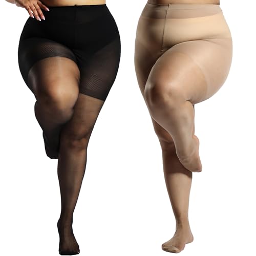 Plus Size Tights for Women, 2 Pairs Control Top Sheer to Waist Pantyhose with Reinforced Toes, Sexy Nylon Stockings