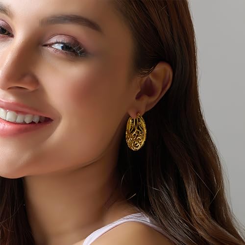 Image of TRUESILVER ACPL 925 Sterling Silver BIS Hallmarked Filigree Hoop Earrings for Women & Girls | Lightweight Designer Oval /Round Hoops | Everyday Wear | Gift for Her