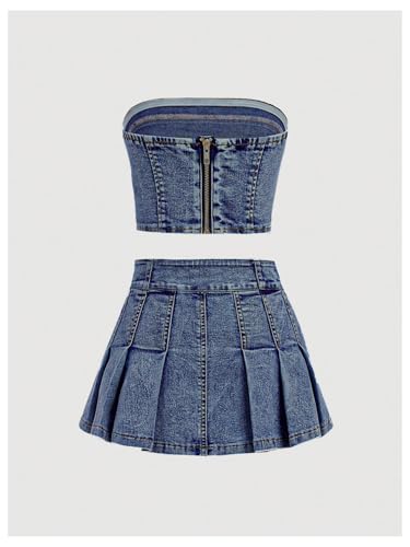 Image of WDIRARA Girl's Y2K 2 Piece Outfits Bandeau Tube Tops Jeans Denim Sets A Line Pleated Mini Skirt Set