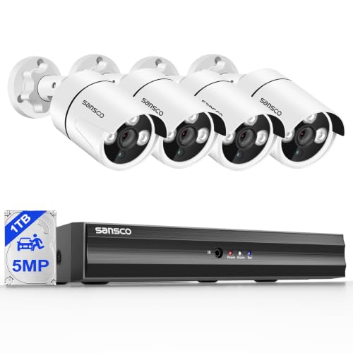 SANSCO 5MP 8 Channel Wired CCTV Security Camera System 8CH DVR with 1TB Hard Drive 4x 3K Home Outdoor Surveillance Cameras Color Night Vision Audio Recording Human Face Vehicle Detection P2P