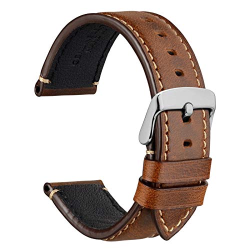 WOCCI 20mm Business Style Correa de Reloj de Cuero con Hebilla Plateada (Marrón Dorado)